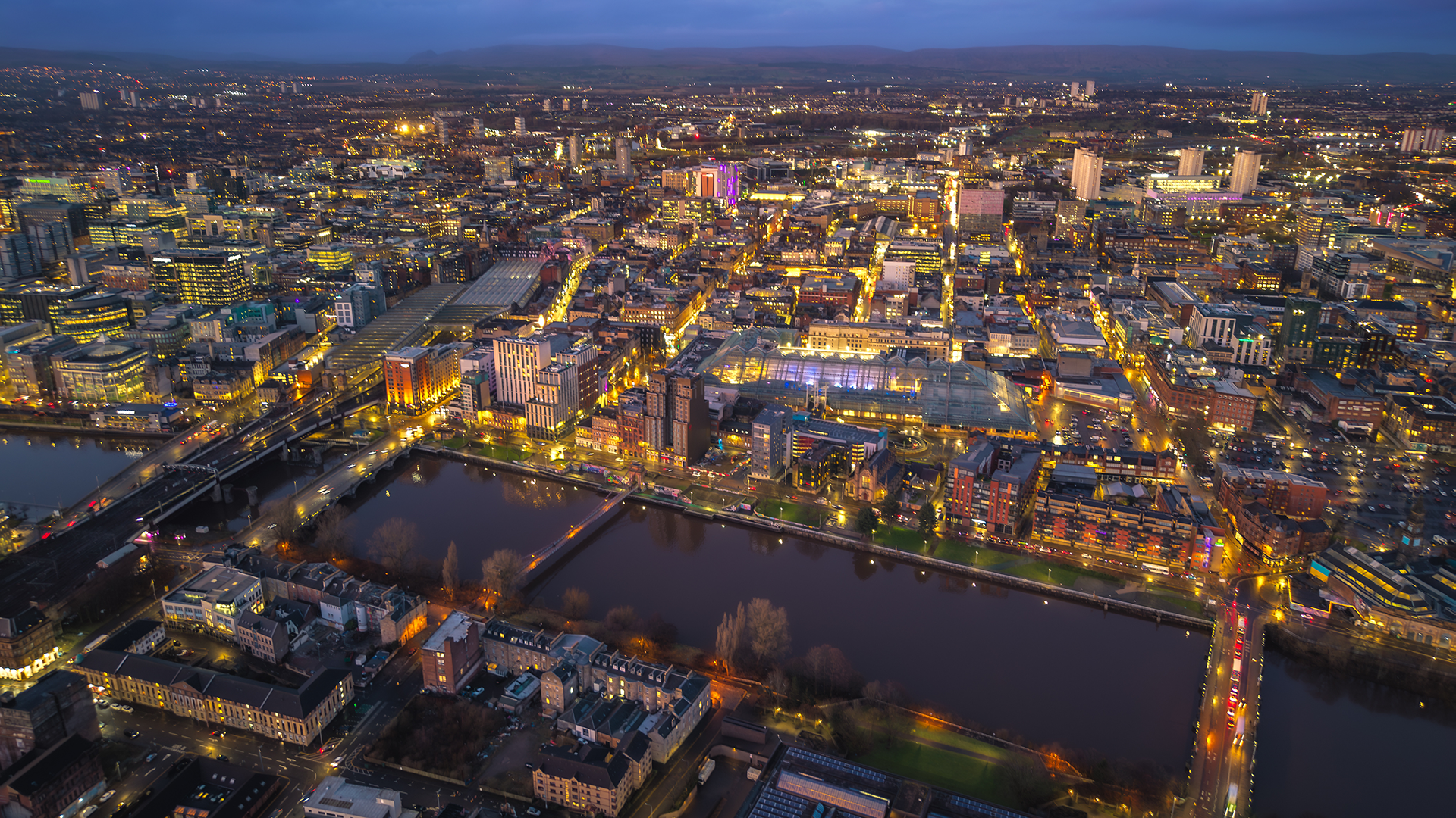 Glasgow city centre at dusk